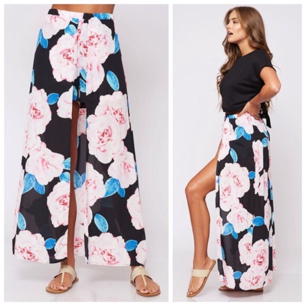 Black floral maxi combo skirt